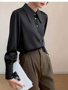 女士优雅法式尖领缎面百搭通勤都市职业衬衫，黑色缎面长袖休闲上衣，丝滑柔软面料，适合办公室和商务会议，适合春、夏、秋、冬，纯色前扣 - 黑色 - 查看 3