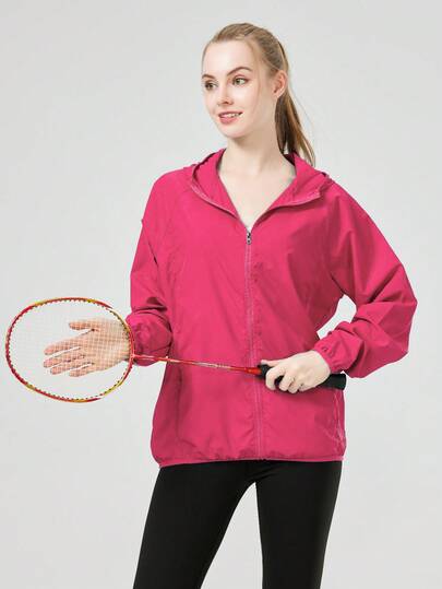 1 件女式轻质防水夹克，休闲风衣，速干运动服，黑色女式长袖运动夹克，带储物袋