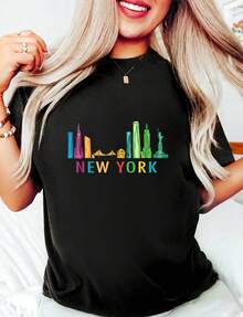 Camiseta negra divertida 100% algodón para mujer con diseño de skyline de Nueva York - NYC - Towback - Camiseta gráfica clásica para mujer, cuello redondo, manga corta, parte superior casual de 220g de algodón puro de alta calidad con impresión minimalista, tops de disfraces de Halloween para mujer - Negro - Ver 1