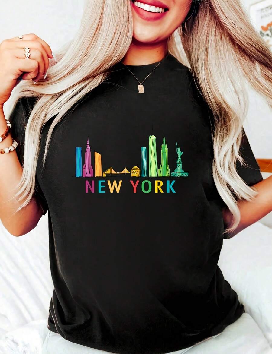 Camiseta negra divertida 100% algodón para mujer con diseño de skyline de Nueva York - NYC - Towback - Camiseta gráfica clásica para mujer, cuello redondo, manga corta, parte superior casual de 220g de algodón puro de alta calidad con impresión minimalista, tops de disfraces de Halloween para mujer - Negro - Ver 1