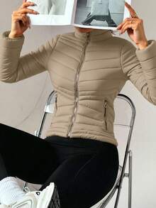 Chamarra Capitonada Mujer Resorte Lateral Forro Peluche Fino - Caqui - Ver 3