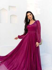 Long Dress Puff Sleeve Graduation Party Wedding Bridesmaid Guest - 玫瑰紅 - 查看 1
