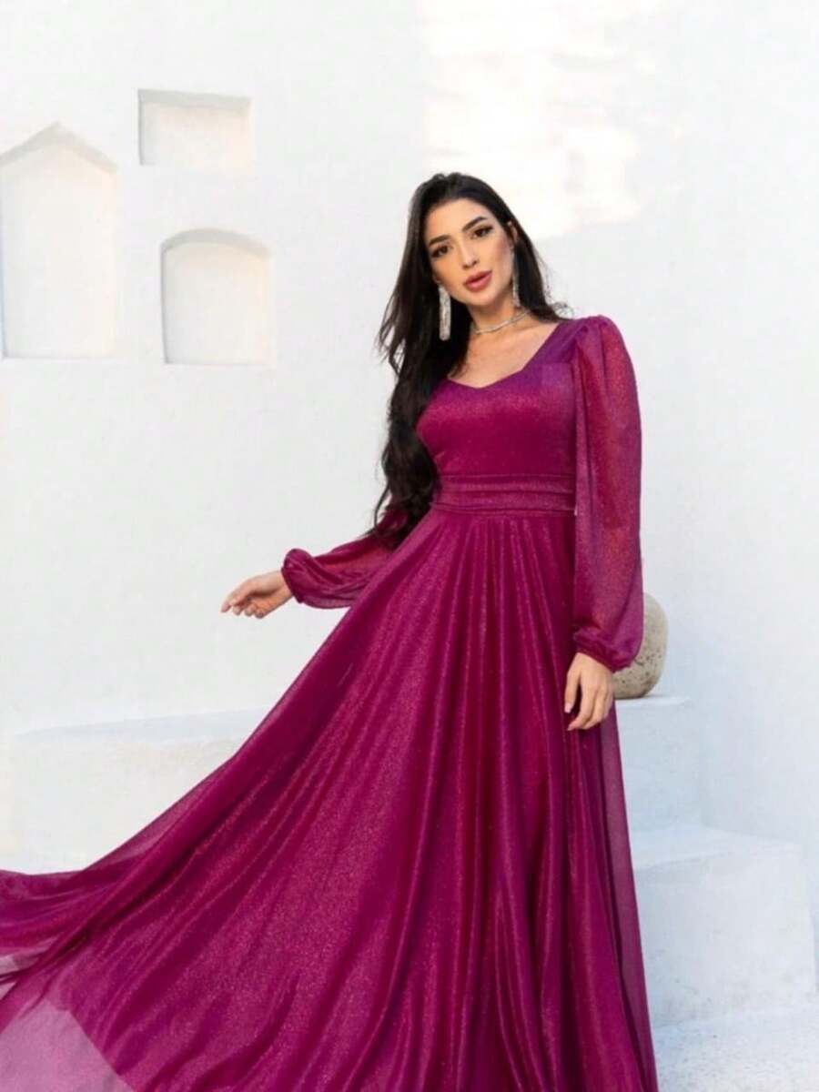 Long Dress Puff Sleeve Graduation Party Wedding Bridesmaid Guest - 玫瑰紅 - 查看 1