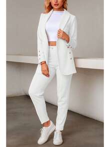 Elegante conjunto de traje azul de manga larga para mujer con cuello chal pantalones largos y detalles de botones - Blanco - Ver 2