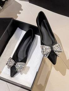 zuandashu Ladies' Flats, Versatile Rhinestone Bow Pointed Toe Slip-On Loafers, Soft Sole Black Work/Commute Shoes, Low-Top Shoes For Office, Party, Wedding, Spring/Summer/Autumn - Black - View 5
