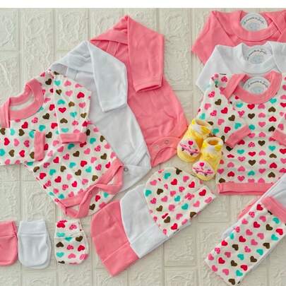 kit sortido 16 peças de roupa pra bebe menina com touca algodão premium - 3body+1blusa+3calça+3touca+3luva+3meia - enxoval para bebe feminino roupa maternidade bebe