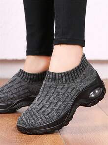 Women's All Black Casual Sneakers, Cushioned Shock Absorbing Knit Sock Shoes, Suitable For Sports & Dancing - Grey - View 1