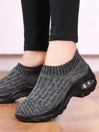 Women's All Black Casual Sneakers, Cushioned Shock Absorbing Knit Sock Shoes, Suitable For Sports & Dancing
