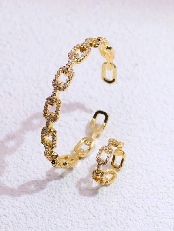 مجموعة أنيقة وعصرية، 1 طقم/2 قطعة من الأساور المربعة الفارغة المرصعة بالكامل باللون الذهبي + طقم خاتم، إكسسوار شخصي للنساء، مناسب للارتداء اليومي وكهدية للذكرى السنوية.