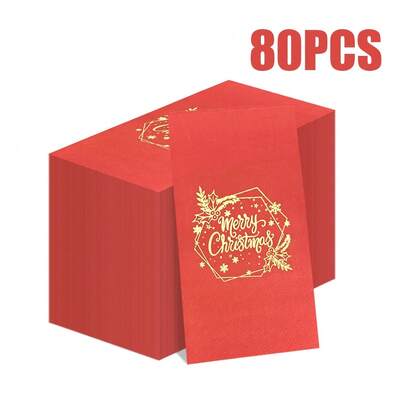80/40/20 Pcs 15.74 * 13 Inch Disposable Christmas Themed Hot Stamping Napkins With Red Background, Golden Merry Christmas Text And Snowflake Pattern, Suitable For Holiday Gatherings, Christmas Parties, New Year And Winter Themed Parties, Western Restaurants, Cafes, Etc