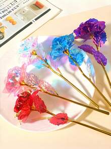 5/10/20支装闪亮水晶玫瑰花束 - 优雅彩虹人造花，金色花茎，含玻璃花瓶，适用于情人节、婚礼、周年纪念日、圣诞派对装饰、浪漫装饰，闪亮花朵，塑料玫瑰 - 彩色 - 查看 4