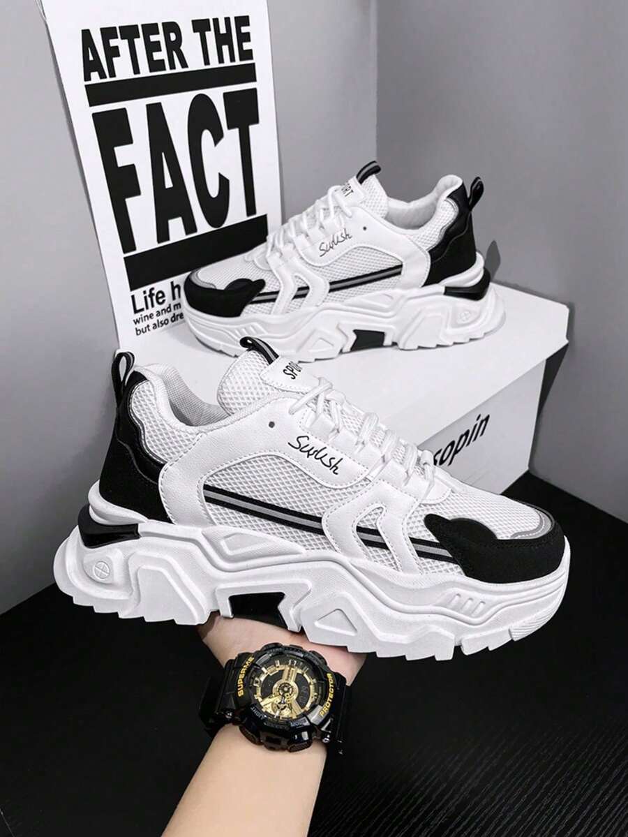 Men's Breathable Sports Casual Shoes With Thick Platform, Mesh Upper And Versatile Dad-Style - Black and White - View 1