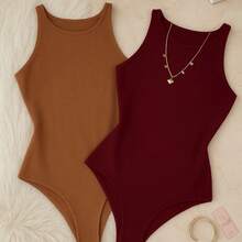 Kit 2 Bori Women's Bodysuits Basic Tank Top Casual Style Lined Second Skin Leotard Chic Timeless - 葡萄酒/焦糖 - 查看 2