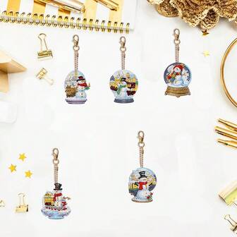 5pcs/Set Cute Snowman Diamond Art Keychain, 5D DIY Craft Kit For Beginners, Acrylic Rhinestone Pendant For Bags & Accessories, Perfect Christmas Gift Idea, Round Diamond Painting Kit