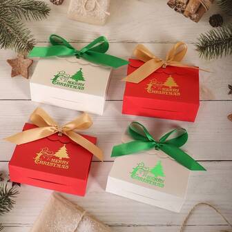 5件/20件圣诞快乐圣诞树图案礼品盒，带蝴蝶结，节日派对零食饼干礼品包装，纸板小饼干盒，婚礼用品，送礼佳品