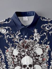 Men's Long Sleeve Shirt, Vintage Skull & Floral Print, Gothic Style, Suitable For Halloween, Christmas, Day Of The Dead, Casual & Formal Wear, Fall