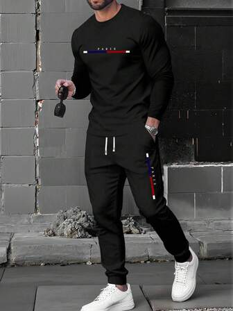 2 st. herrset med tunn långärmad t-shirt och dragskobyxor, Parisbokstävermönster, avslappnad streetwear, lämplig för make/pojkvän-present, pendling, utomhus, semester