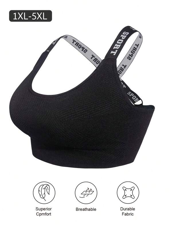 Plus Size Women Letter Strap Comfortable High Elasticity High Strength Black Bra