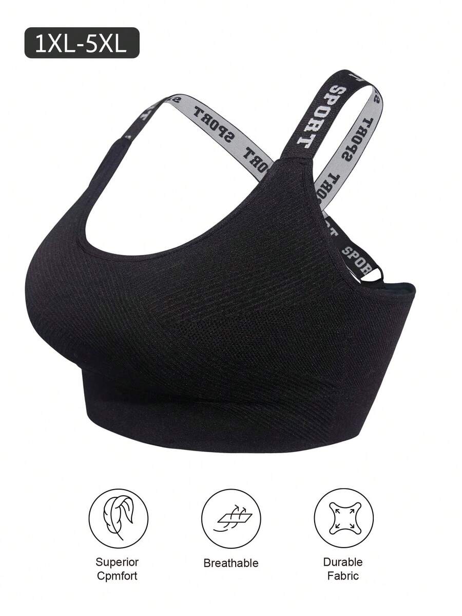 Sutiã Preto de Alta Elasticidade e Resistência com Alça de Letra para Mulheres Plus Size
