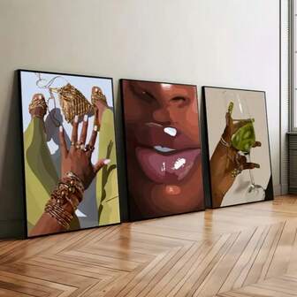 Set Of 3 Unframed Poster Abstract Fashion Woman Illustration Canvas Painting Funky Wall Picture For Dorm,Living Room,Bedroom,Modern Home Decoration,Frameless,You Can Prepare A Frame In Or Larger To Match Your Wall Painting; Assemble And Install By Yourself, Fully Enjoy The Fun Of DIY.