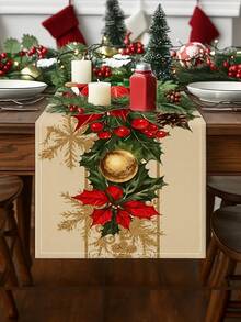 1 Pc Modern Christmas Theme Table Runner Christmas Poinsettia Pattern Table Runner Washable Suitable For Outdoor Indoor Party Kitchen Home Dining Table Center Can Be Used For Living Room Rectangular Dining Table Restaurant Christmas Decoration - Champagne - View 2