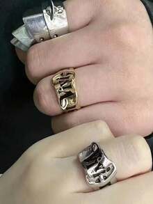 Bagues de couple à la mode, boucle de ceinture  avec lettres, design ouvert réglable, disponible en or et argent, unisexe, bagues de style hip-hop personnalisées - Multicolore - Voir 3