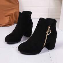 Women's Elegant Fashion Chunky Heel Textured Fabric Boots, Gold Heart Metal Zipper Closure, Pointed Toe Chunky Heel & Side Zipper Details - Black Winter Boots, European & American Style, Suitable For Casual To Formal Occasions, Office And Daily Wear - Comfortable & Durable Rubber Sole, Fabric Upper, Women's Zipper Solid Color Ankle Boots And Short Boots, Standard Size - màu đen - Xem 9