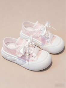 1 Pair Girls' Pearl Bow Hook And Loop Canvas Sneakers, Princess Style, Suitable For School, Spring/Autumn, Everyday Wear