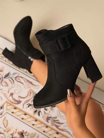 Botines de tacón grueso negro para mujer, botas cortas para uso diario, botines de moda de otoño/invierno con punta redonda