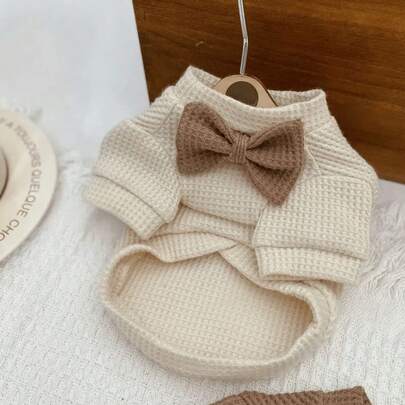 INS 风格宠物华夫格针织蝴蝶结毛衣，适合狗和猫的温暖针织衫，秋冬可爱宠物服装