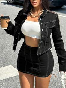 Giacca di jeans a maniche lunghe con contrasto di colore, aderente, da donna per l'autunno