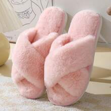 Autumn And Winter New Imitation Rabbit Fur Ladies Cross Strap Home Cotton Slippers Thick Sole Warm Indoor Slippers - Pink - View 3