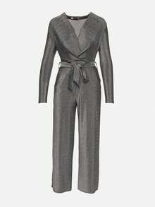 Viscose Wrap Neck Fashion Glitter Jumpsuit With Belt - Silver - View 6