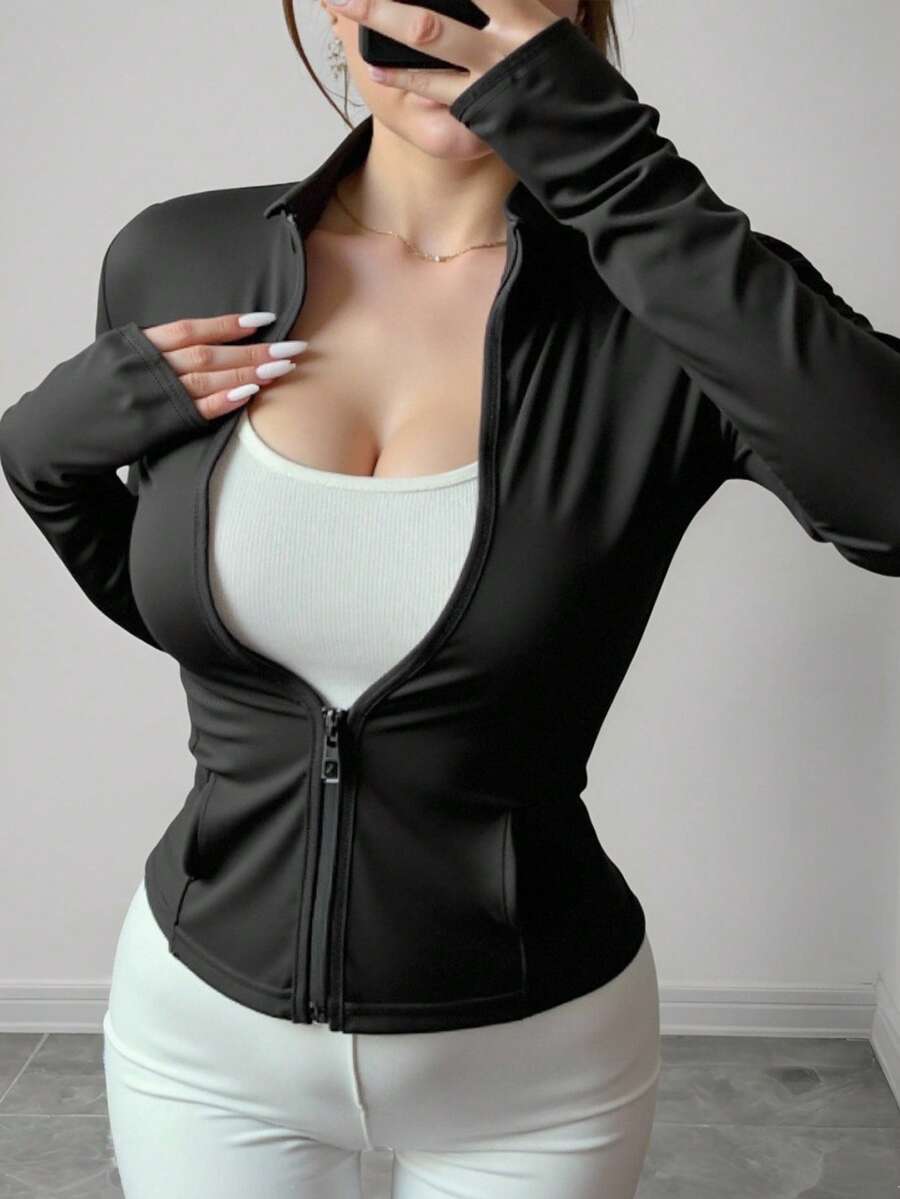 女士运动夹克，时尚秋冬运动夹克，高弹力瑜伽服拉链高领长袖修身夹克，适合跑步、锻炼、健身 - 黑色 - 查看 1