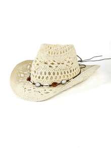 1pc Unisex Cowboy Hat With Gemstone Decor, Hollow Printed Straw Hat, Suitable For Spring/Summer Travel, Beach, Casual Sun Protection. (After Receiving The Product, If The Brim Is Deformed, It Needs To Be Manually Adjusted Back.) - White Beads - View 20