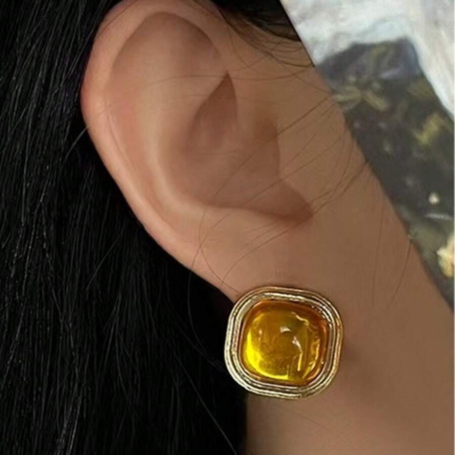 1 Pair Classic Square Candy Stud Earrings, 1 Pair Golden Sunflower Stud Earrings, Suitable For Valentine's Day Gift, Wedding, Engagement, Anniversary, Party Jewelry