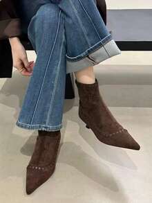 韩版小众设计尖头细跟紧身短靴，2025秋冬新款丝绒时尚百搭踝靴，猫跟靴 - 咖啡棕 - 查看 4