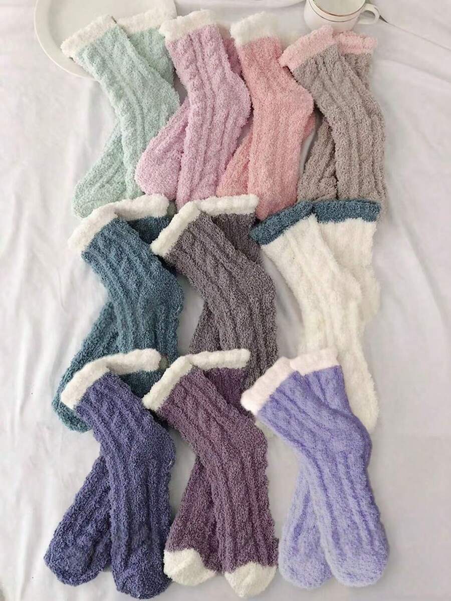 10 Paar Damen Mode vielseitige Herbst/Winter Korallenfleece Kontrastfarbe bequeme warme Heim Socken bis zur Mitte des Knöchels