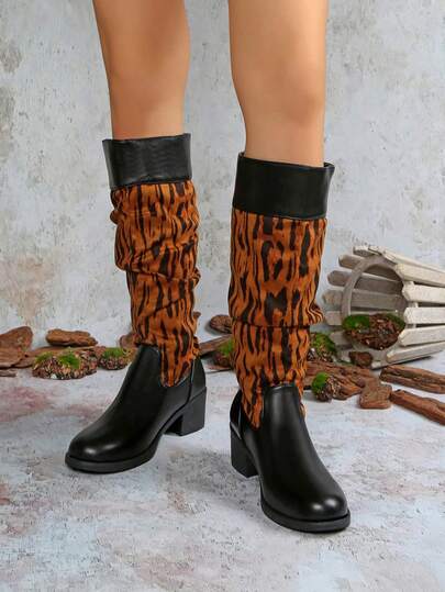 Neue Herbst/Winter Runde Zehenkappe Plateau-Absatz Mode Patchwork Schlupfstiefel Damen Overknee Reitstiefel