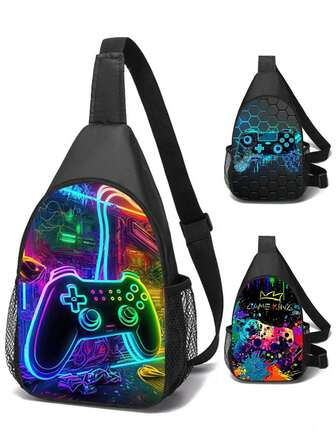 Bolso bandolera, estilo gamer para tus hijos, bolsa deportiva con bolsillo en el pecho en colores, con estampado festivo de juegos - Bolso de hombro de estilo casual, material de poliéster