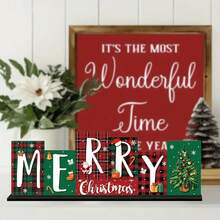 1 Peça Peça Central de Mesa de Madeira Estilo Fazenda para o Natal com Letras "Feliz Natal" - Decorações Assimétricas de Letras em Bloco com Padrões Xadrez e Xadrez, Galhos de Pinheiro e Flocos de Neve - Decorações Festivas para Mesa ou Parede para Casa, Festa, Lareira - Placa de Madeira de Natal, Decoração de Temporada para Casa, Planejamento de Festa, Decoração de Casa