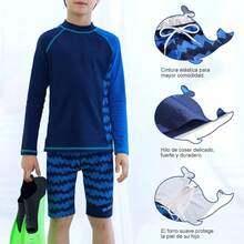 WEIMEY 3PCS Trajes de Baño para Niños Manga Larga+Shorts+Gorro Natación Secado Rápido Respirable Playa Natación 5 a 12 Años - auzl raya - Ver 9