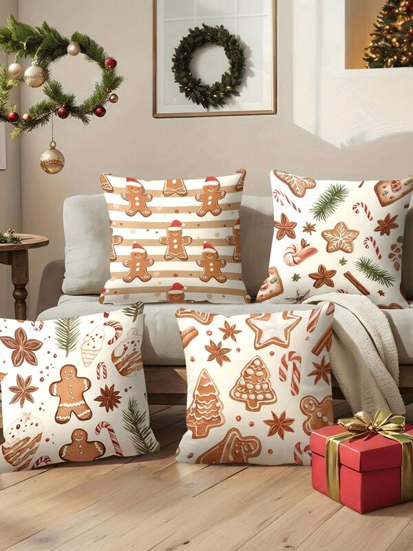 4pcs/1pc Christmas Gingerbread Pillow Cover - Cute Gingerbread Man, Cookies And Spices Pattern Design, 18x18 Inches | Zipper Closure | Bright Colors And Polyester Material | For Living Room, Room Decoration, Sofa And Bedroom (Filling Not Included) Great For Christmas Home Decoration, Christmas Decorations, Christmas Party