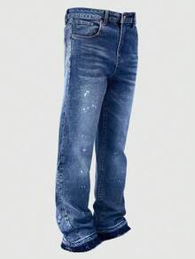 Lightweight Business Casual Washed Distressed Hem Jeans For Men, Versatile Slim Straight Leg Casual Pants, Suitable For All Seasons, Zipper & Button Closure, Relaxed Fit Street Style - Baby Blue - View 3
