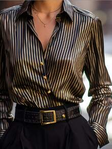 Women's Fashion Casual Elegant Contrast Striped Gold Button Front Lapel Collar Satin Print Shirt, Office Commute Daily Wear, Spring/Summer New