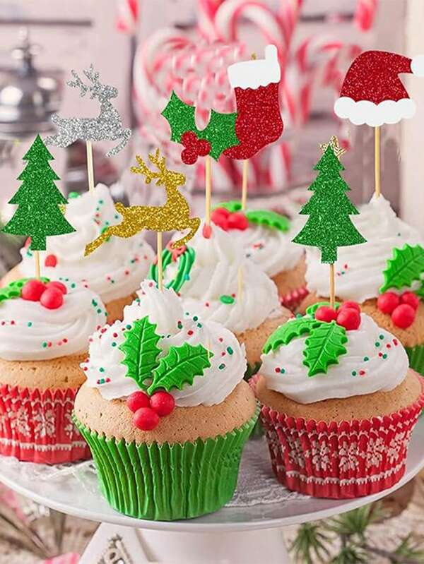 24pcs Christmas Cupcake Toppers, Including Christmas Tree, Fruit Hat, Socks, And Deer Cake Flags, Suitable For Christmas Party Decorations