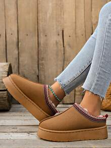 新款女士时尚保暖系带厚底户外室内雪地靴，休闲蓬松毛皮衬里系带户外冬季沙滩拖鞋 - 駝色 - 查看 7