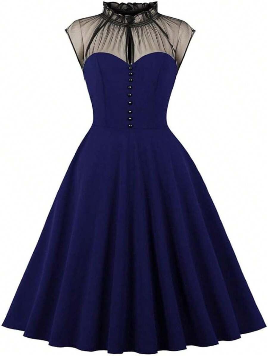 Women Mesh Floral Embroidery Vintage Cocktail Swing Dress Illusion 50s Goth Flared A Line Casual Wedding Prom Evening Dress - 寶藍色 - 查看 1