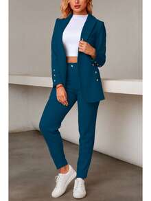 Elegante conjunto de traje azul de manga larga para mujer con cuello chal pantalones largos y detalles de botones - Azul Marino - Ver 2