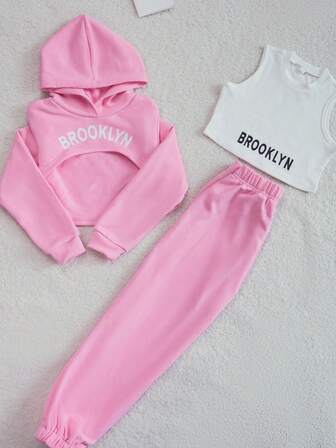 Girls' Brooklyn Letter Print 3-Piece Set: Crop Hoodie, Tank Top & Joggers For Casual Wear, Playdates & School